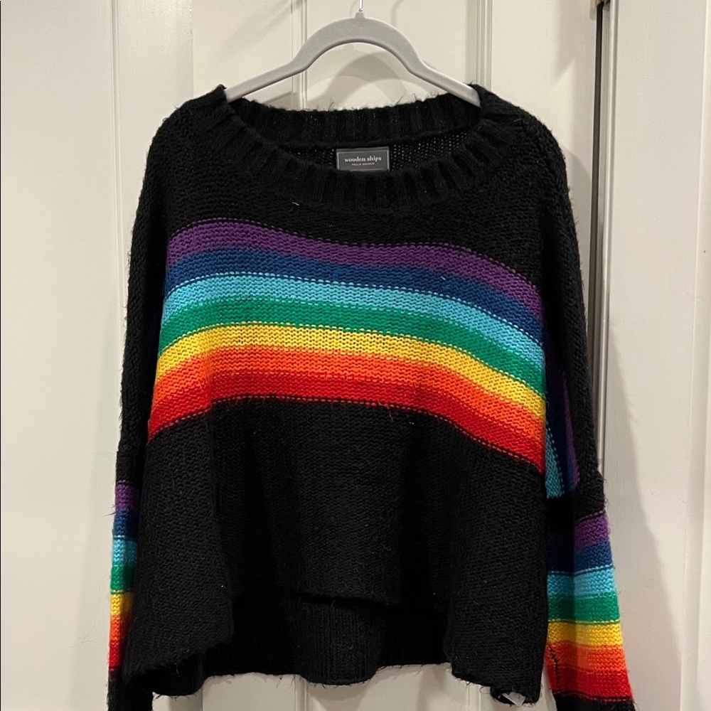 Wooden Ships Black Sweater with Rainbow Stripes